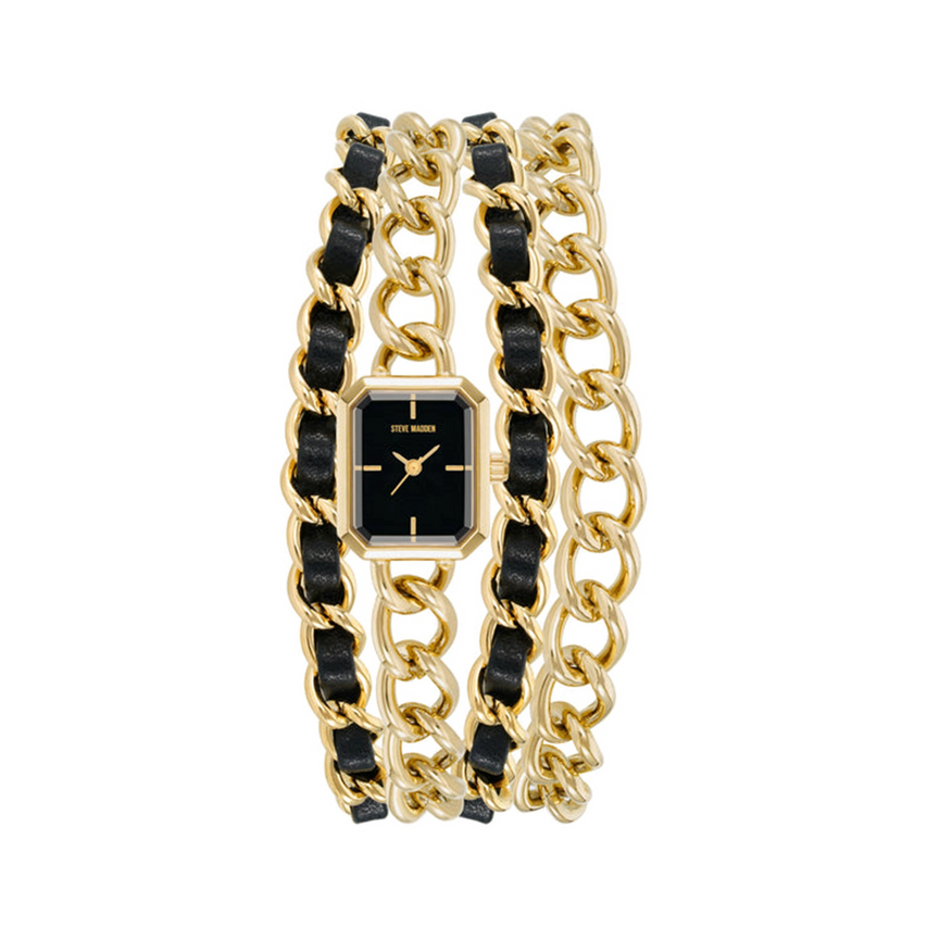 CHAIN WATCH AND MULTI BRACELET SET GOLD BLACK