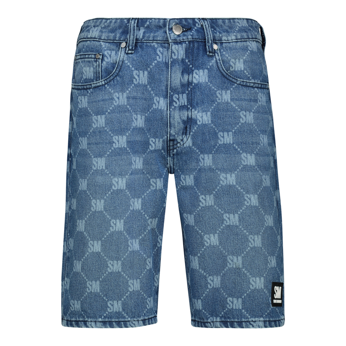 ALEX MID BLUE PRINTED DENIM SHORTS