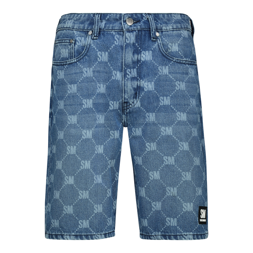 ALEX MID BLUE PRINTED DENIM SHORTS