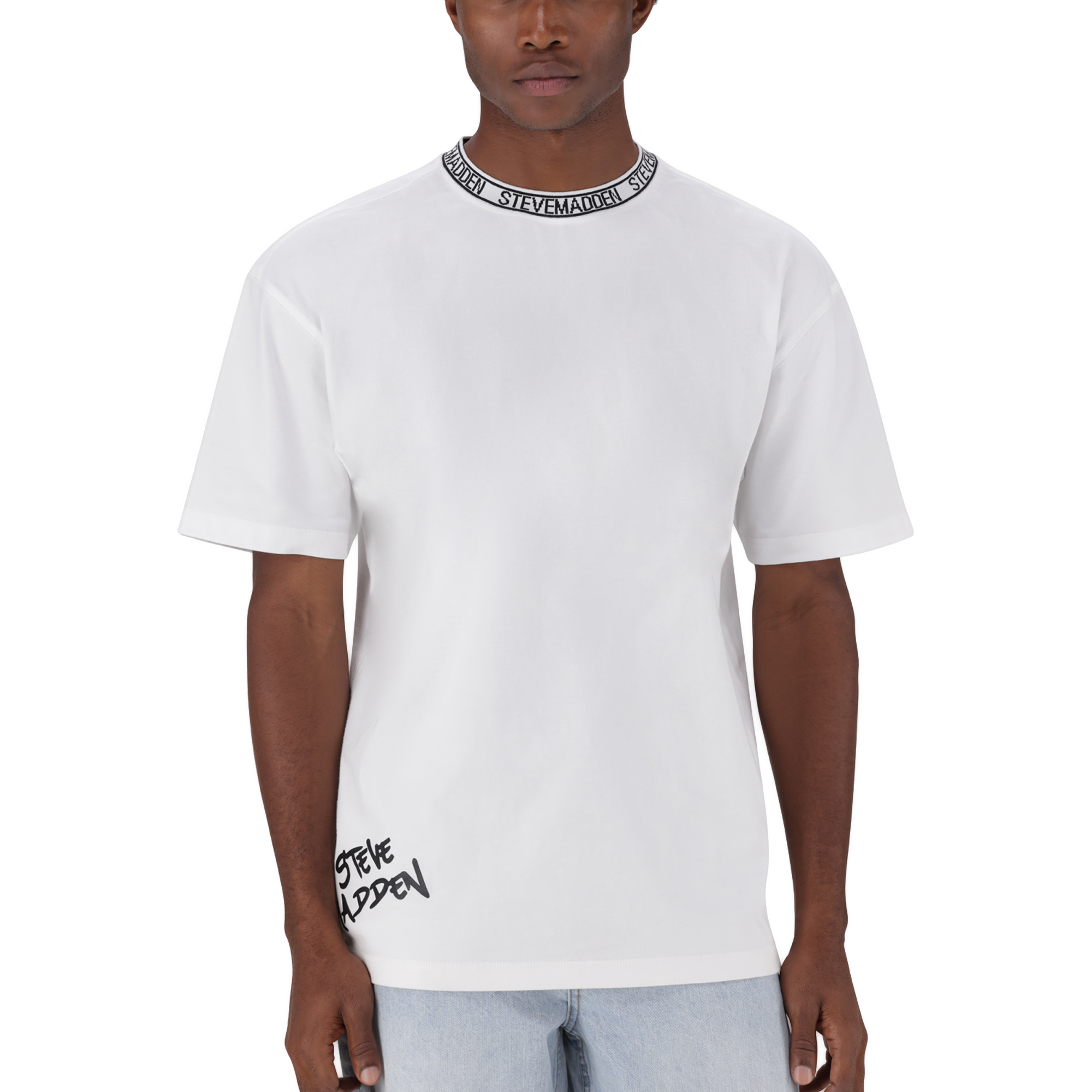LANDON WHITE LOGO TRIMMED T-SHIRT – Steve Madden South Africa