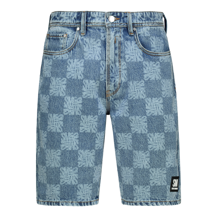 KNOX MID BLUE PRINTED DENIM SHORTS