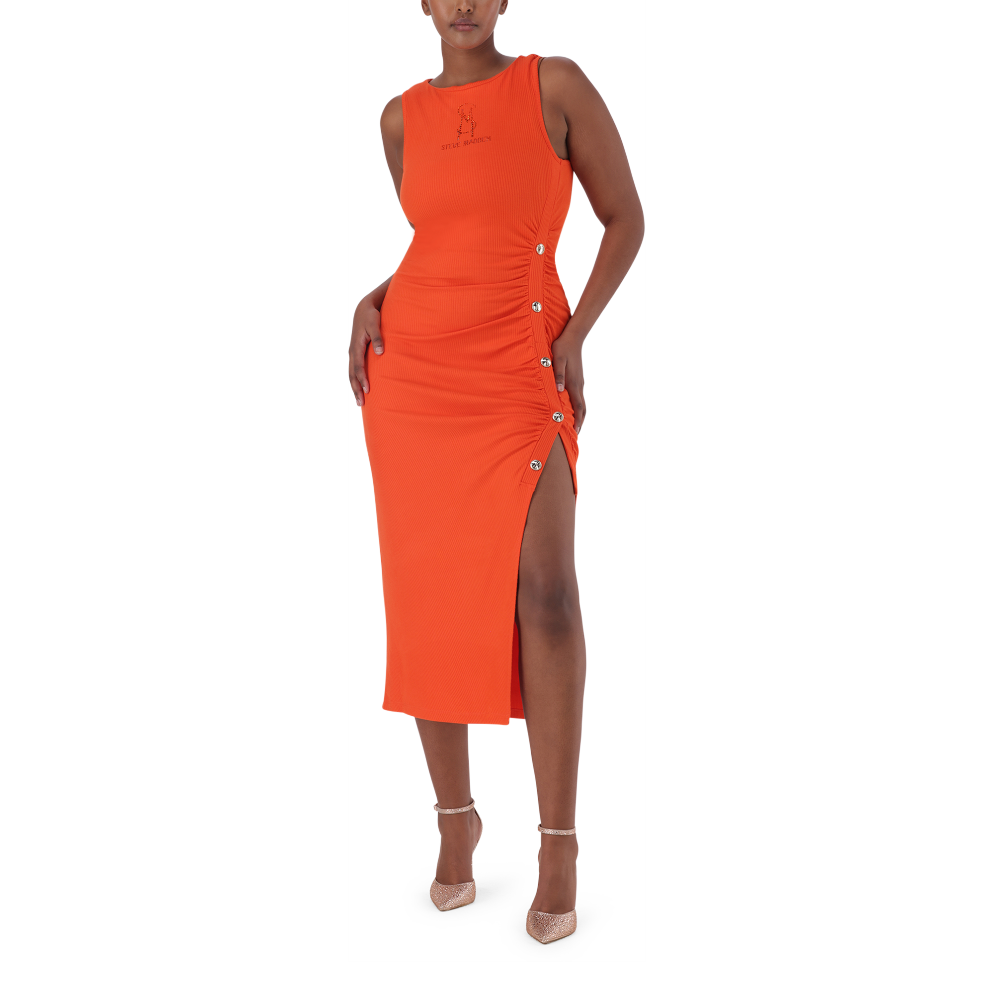MYLAH TANGERINE BODYCON MIDI DRESS WITH POPPERS