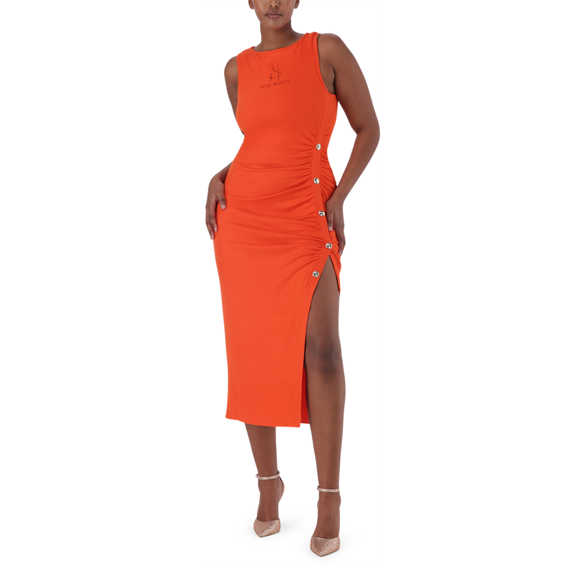 MYLAH TANGERINE BODYCON MIDI DRESS WITH POPPERS
