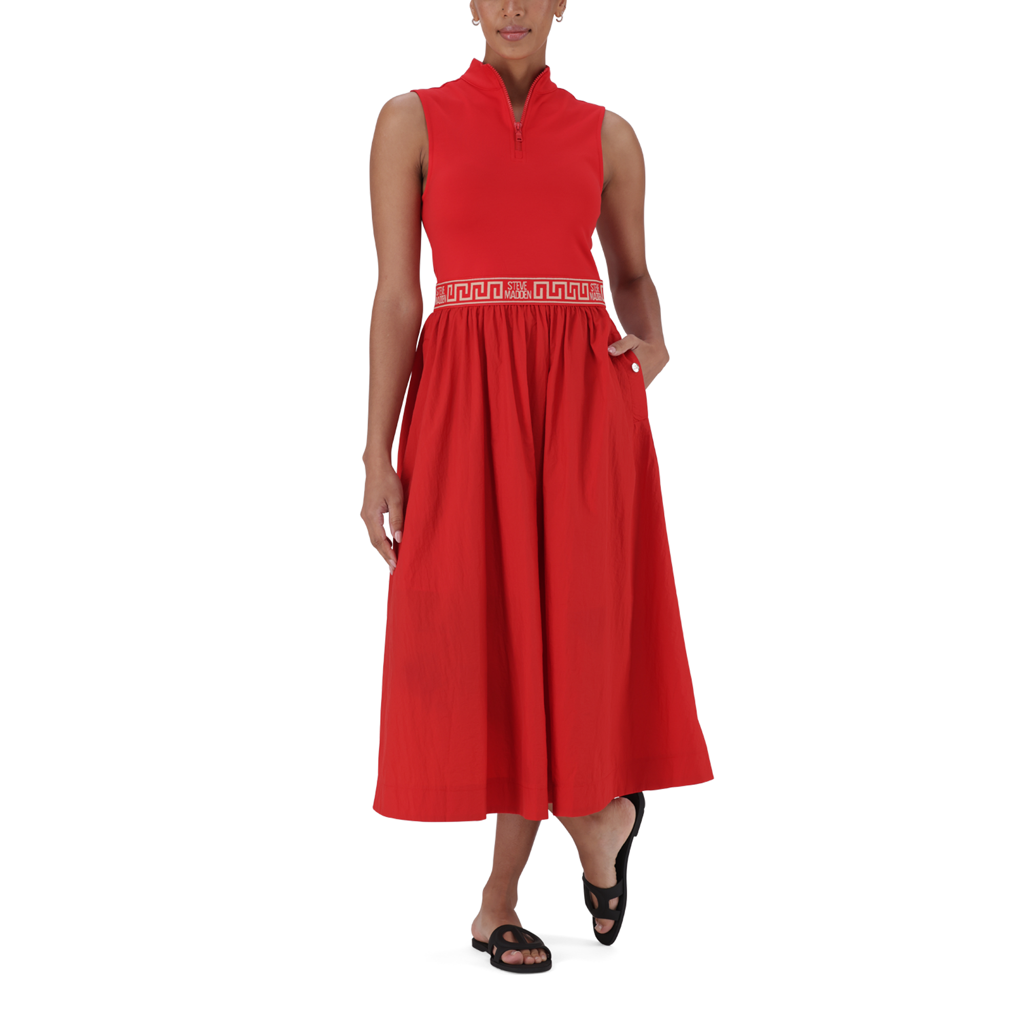 FARAH RED FIT & FLARE QUARTER ZIP DRESS