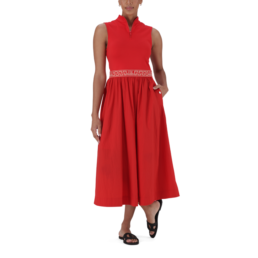 FARAH RED FIT & FLARE QUARTER ZIP DRESS