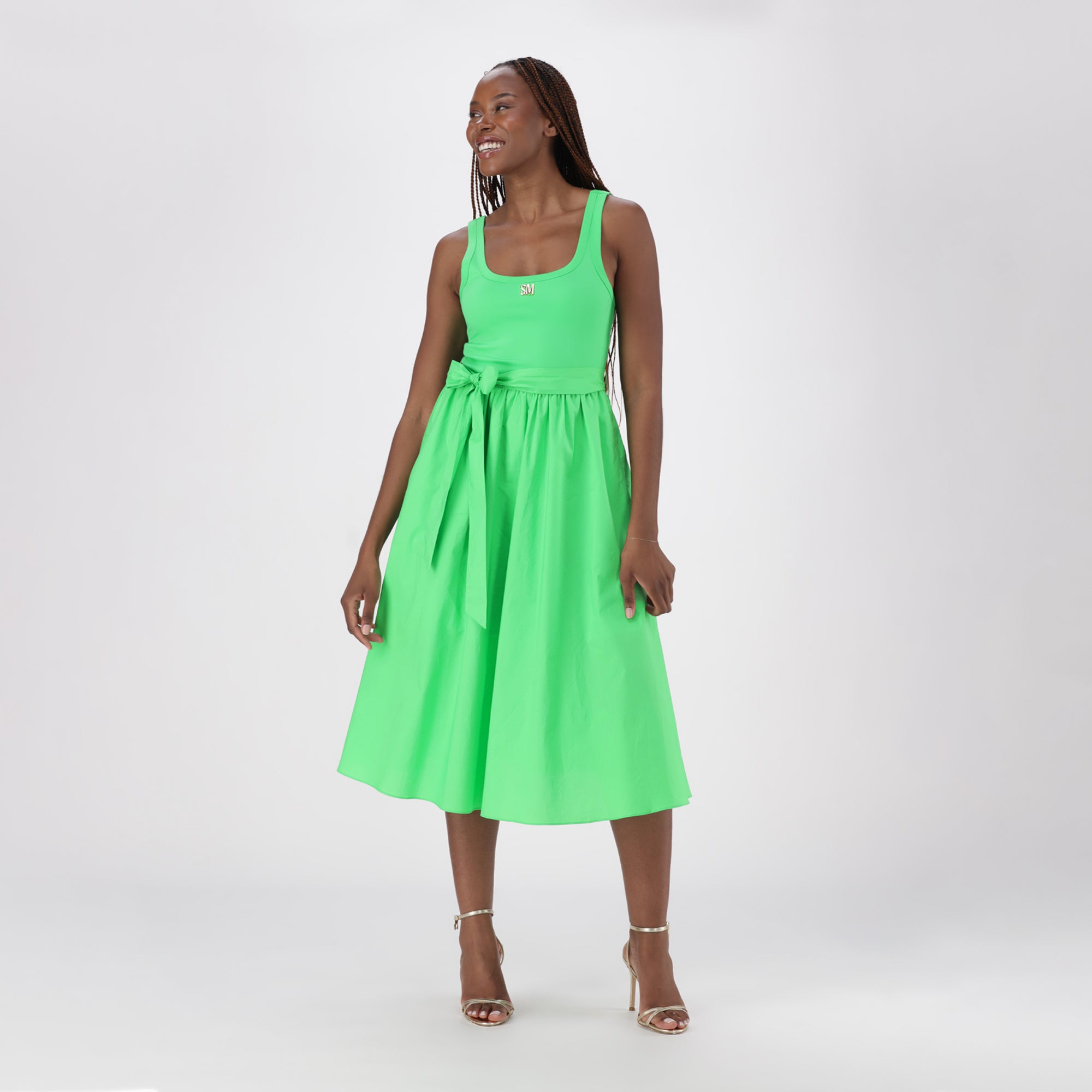 ELAINE APPLE GREEN FIT & FLARE MIDI DRESS WITH FABRIC BELT