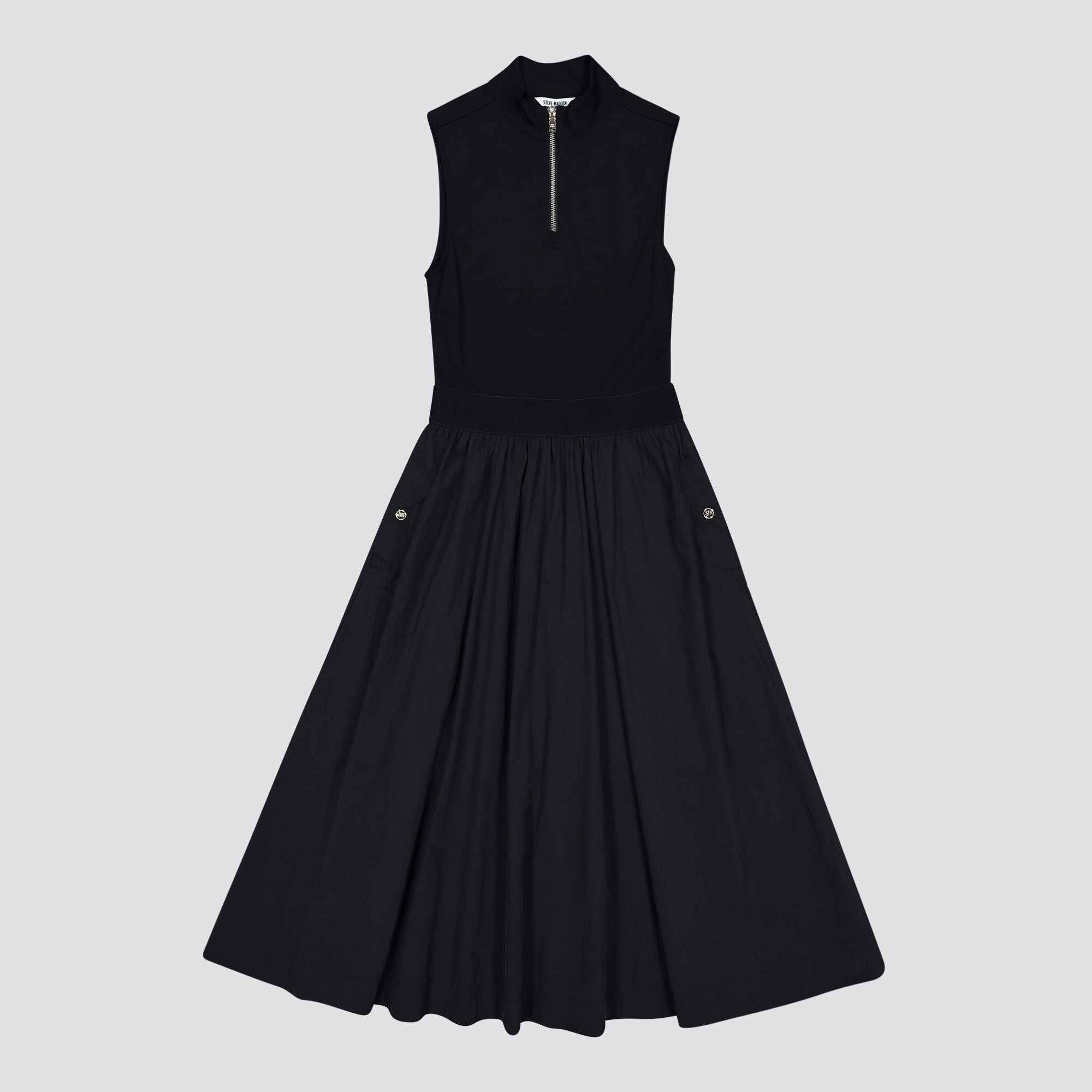 ZEETHA BLACK FIT & FLARE QUARTER ZIP MIDI DRESS - view 6
