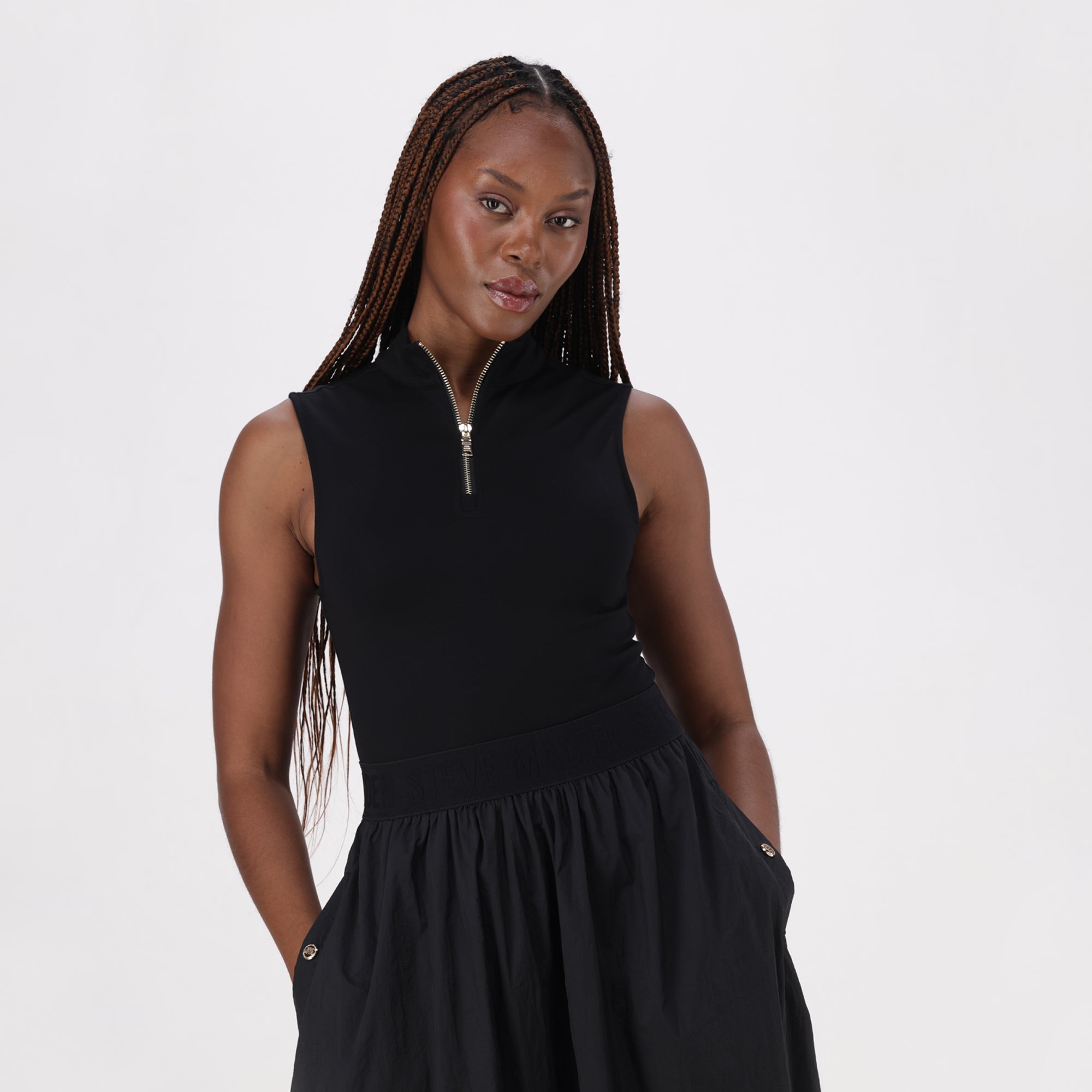 ZEETHA BLACK FIT & FLARE QUARTER ZIP MIDI DRESS - view 3