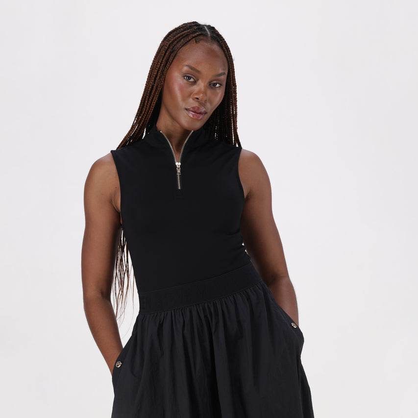 ZEETHA BLACK FIT & FLARE QUARTER ZIP MIDI DRESS - view 3