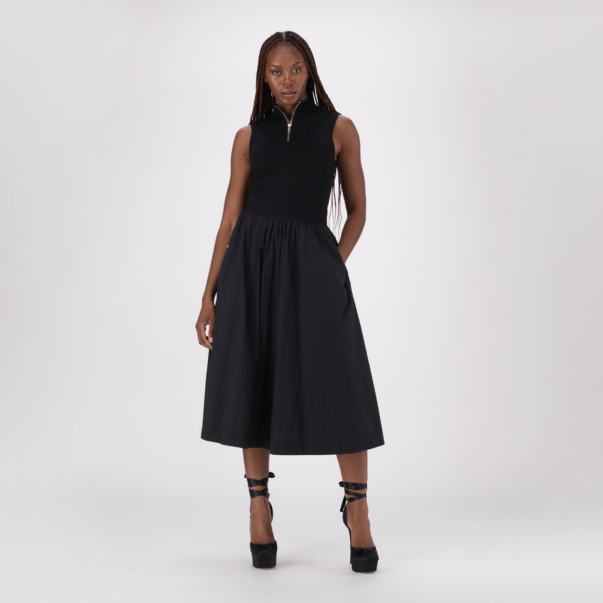 ZEETHA BLACK FIT & FLARE QUARTER ZIP MIDI DRESS