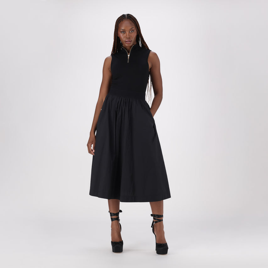 ZEETHA BLACK FIT & FLARE QUARTER ZIP MIDI DRESS