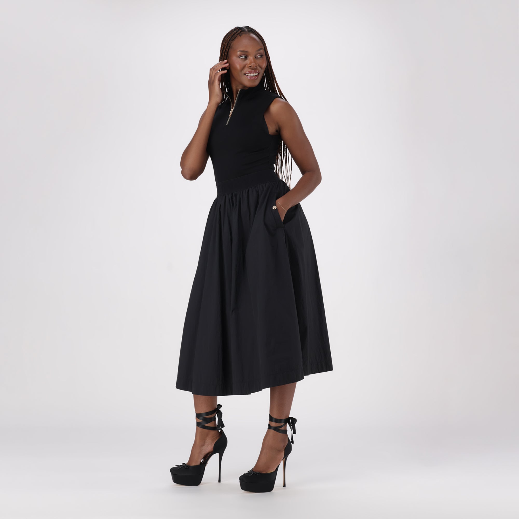 ZEETHA BLACK FIT & FLARE QUARTER ZIP MIDI DRESS - view 4