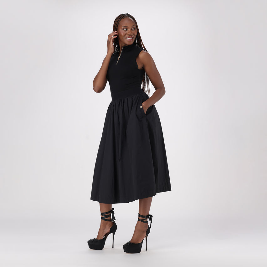 ZEETHA BLACK FIT & FLARE QUARTER ZIP MIDI DRESS - view 4