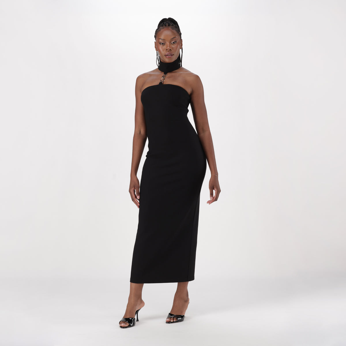 SHILOH BLACK LONG DRESS WITH HIGH NECK & BUCKLE