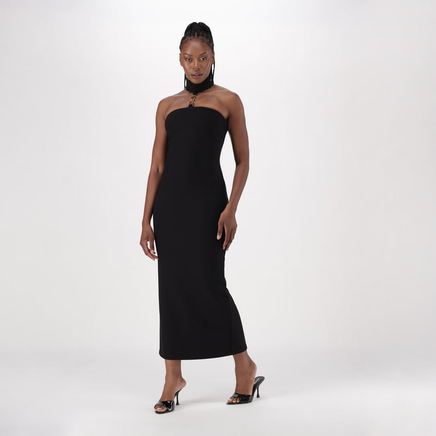 SHILOH BLACK LONG DRESS WITH HIGH NECK & BUCKLE - view 5