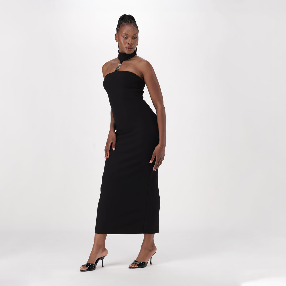 SHILOH BLACK LONG DRESS WITH HIGH NECK & BUCKLE - view 4