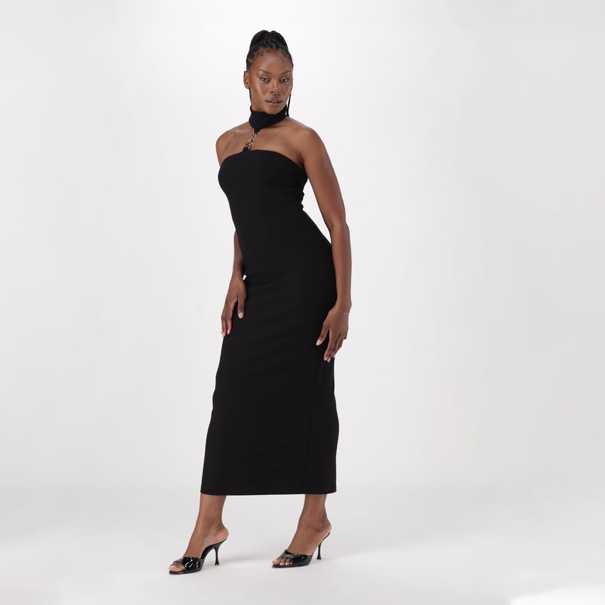 SHILOH BLACK LONG DRESS WITH HIGH NECK & BUCKLE - view 4