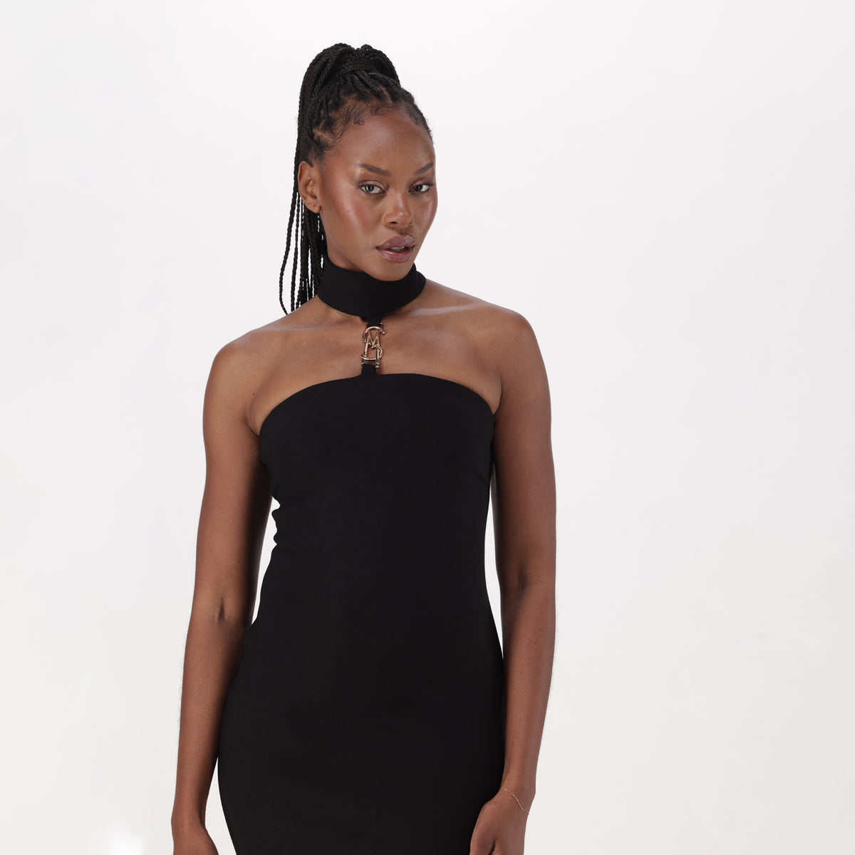 SHILOH BLACK LONG DRESS WITH HIGH NECK & BUCKLE - view 2