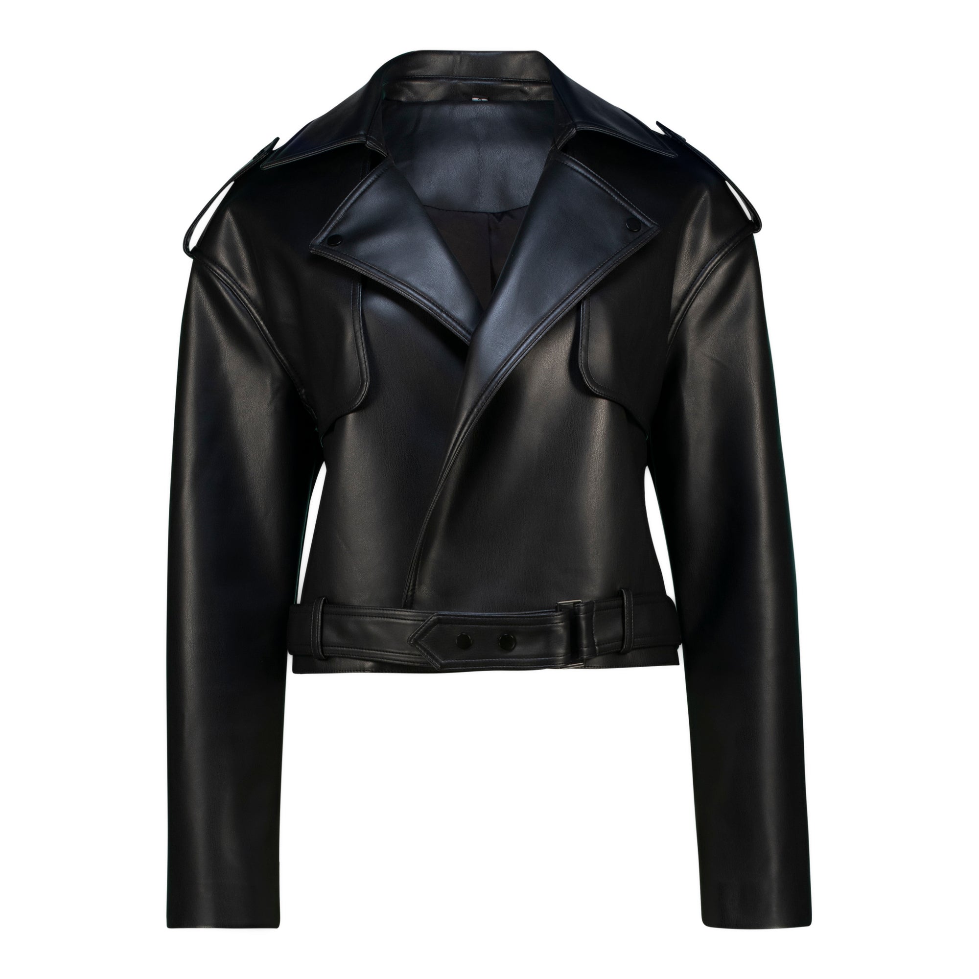 RHEA BLACK VEGAN LEATHER CROPPED TRENCH