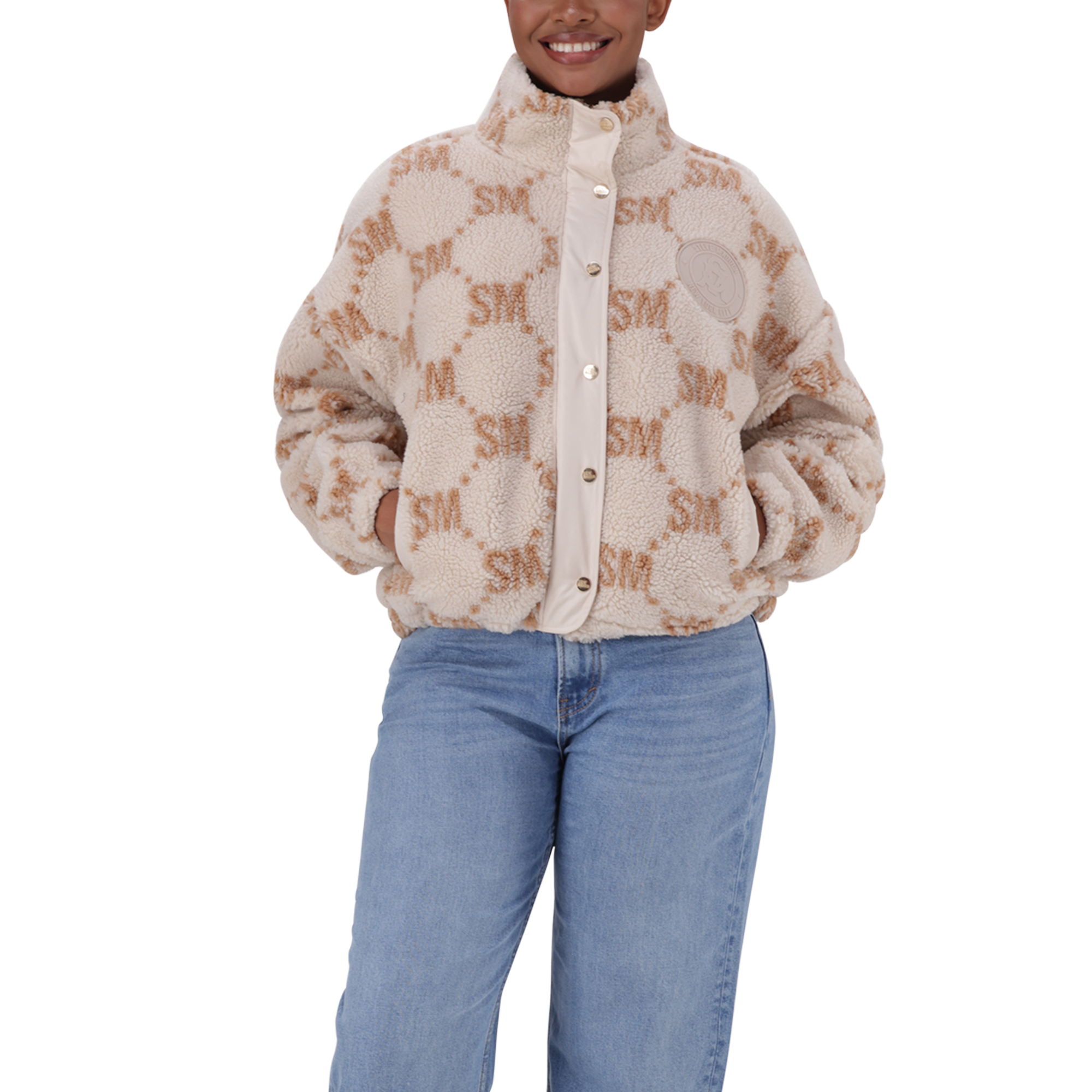 JOVIE NEUTRAL TEDDY FLEECE CROPPED BOMBER