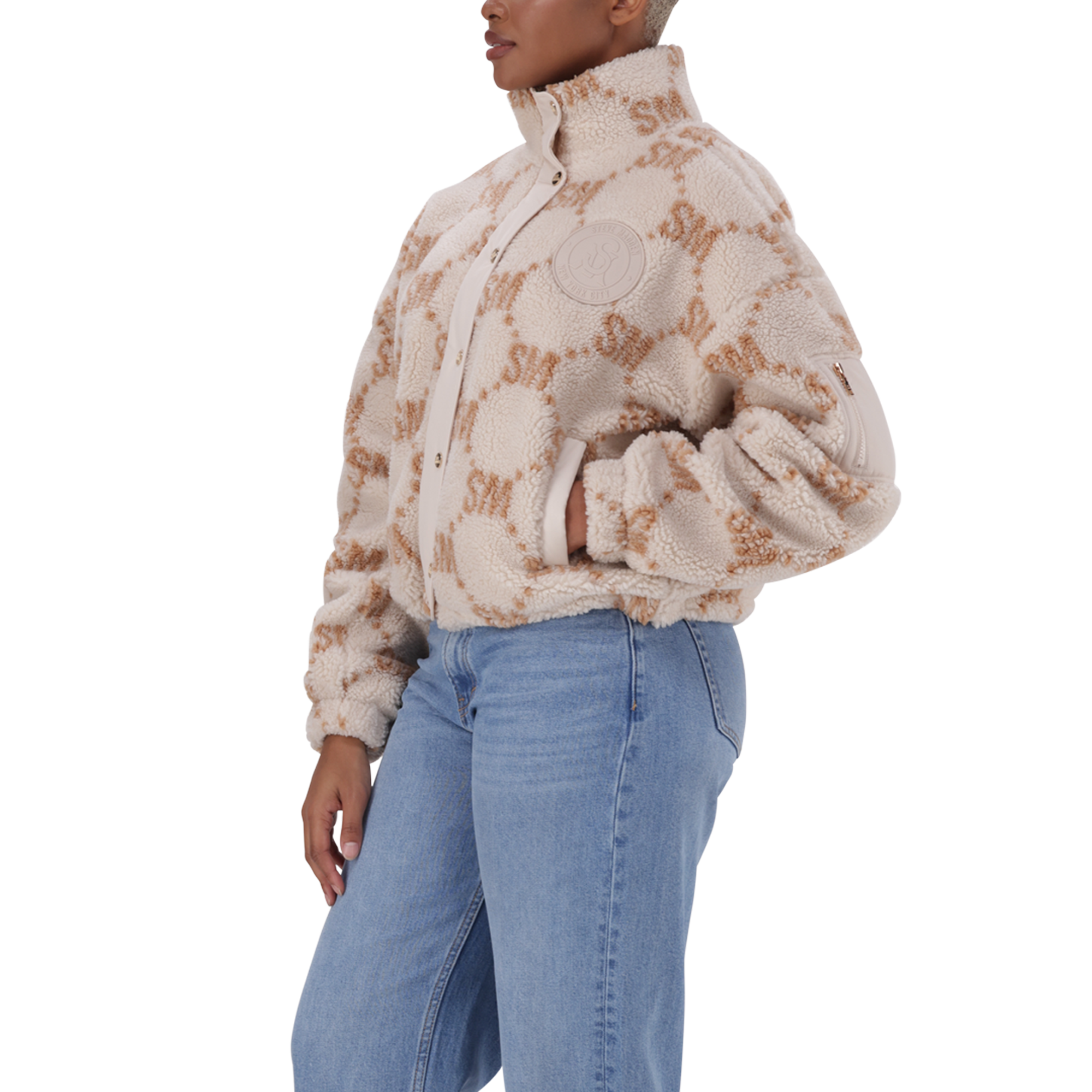 JOVIE NEUTRAL TEDDY FLEECE CROPPED BOMBER