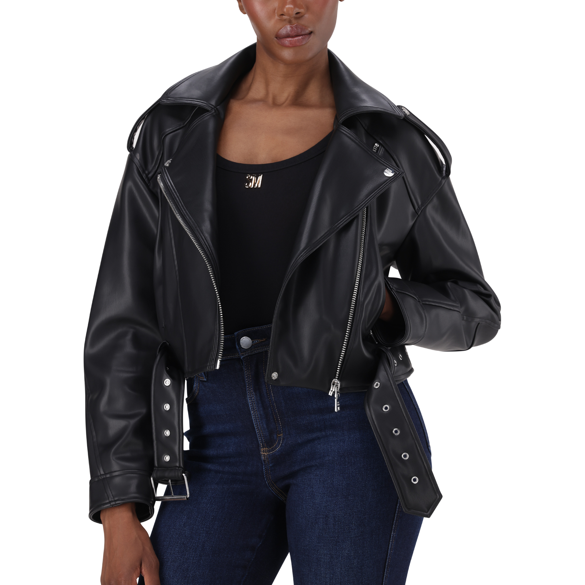 LAURA BLACK VEGAN LEATHER BIKER JACKET - view 2