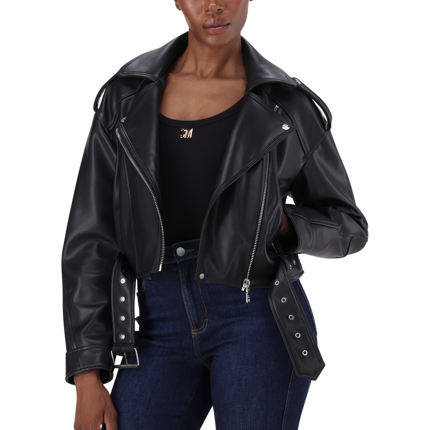 LAURA BLACK VEGAN LEATHER BIKER JACKET - view 2