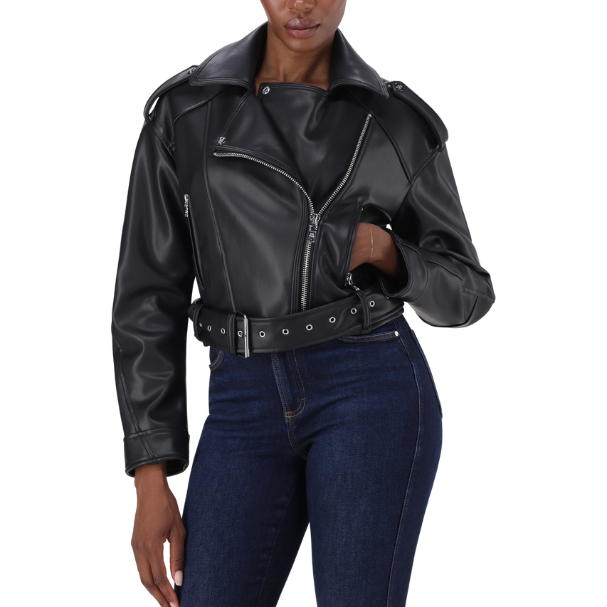 LAURA BLACK VEGAN LEATHER BIKER JACKET - view 3