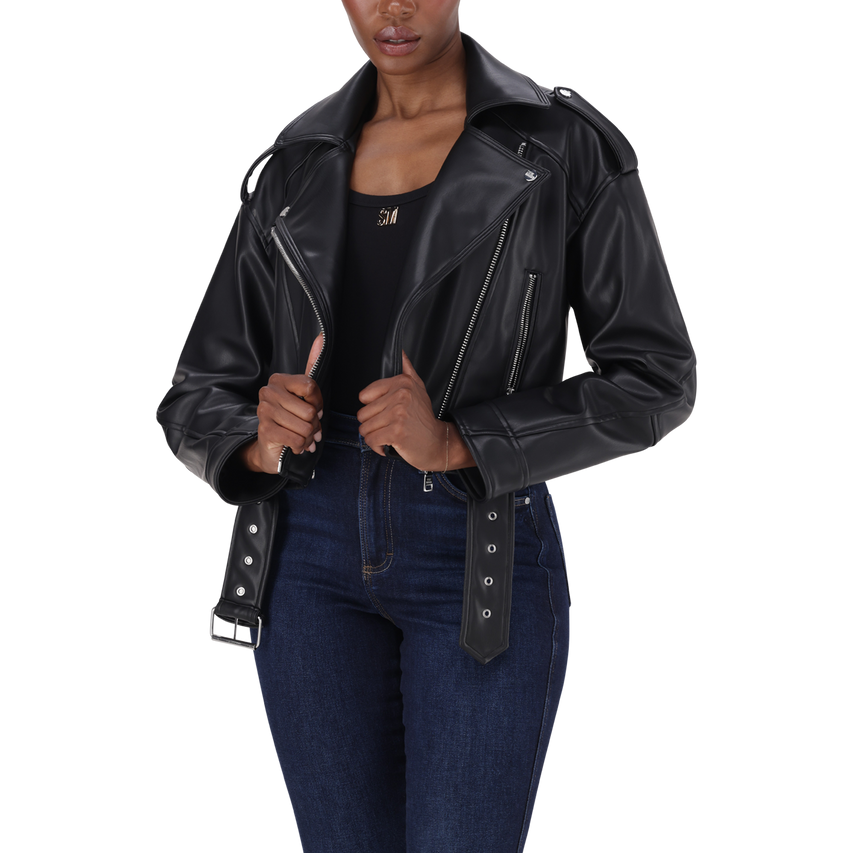 LAURA BLACK VEGAN LEATHER BIKER JACKET - view 6