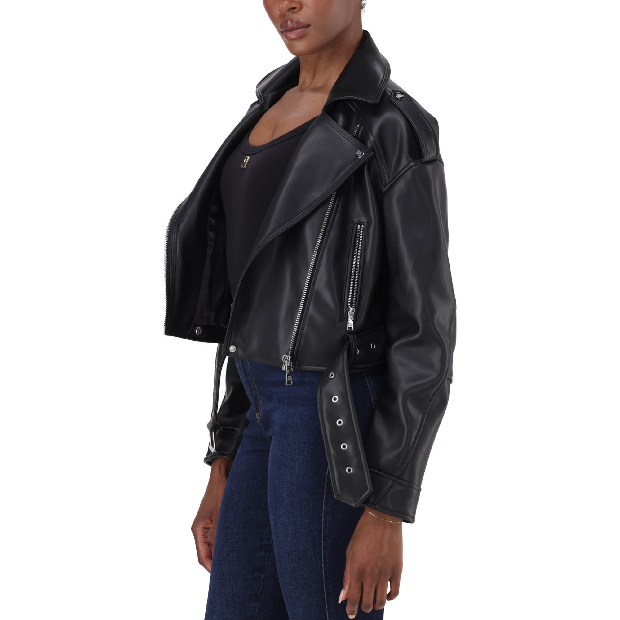 LAURA BLACK VEGAN LEATHER BIKER JACKET - view 7