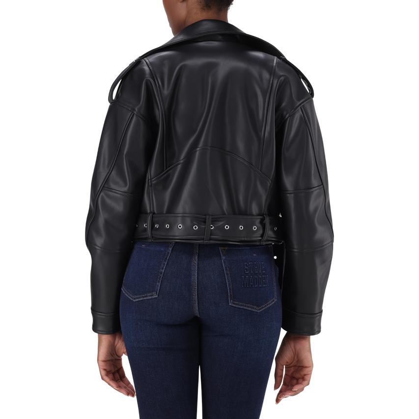 LAURA BLACK VEGAN LEATHER BIKER JACKET - view 8