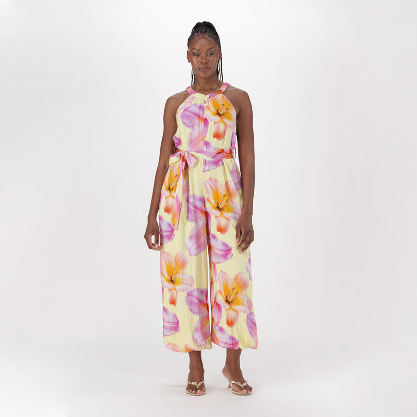 LYDIA MULTI FLORAL PRINTED JUMPSUIT WITH FABRIC BELT - view 2