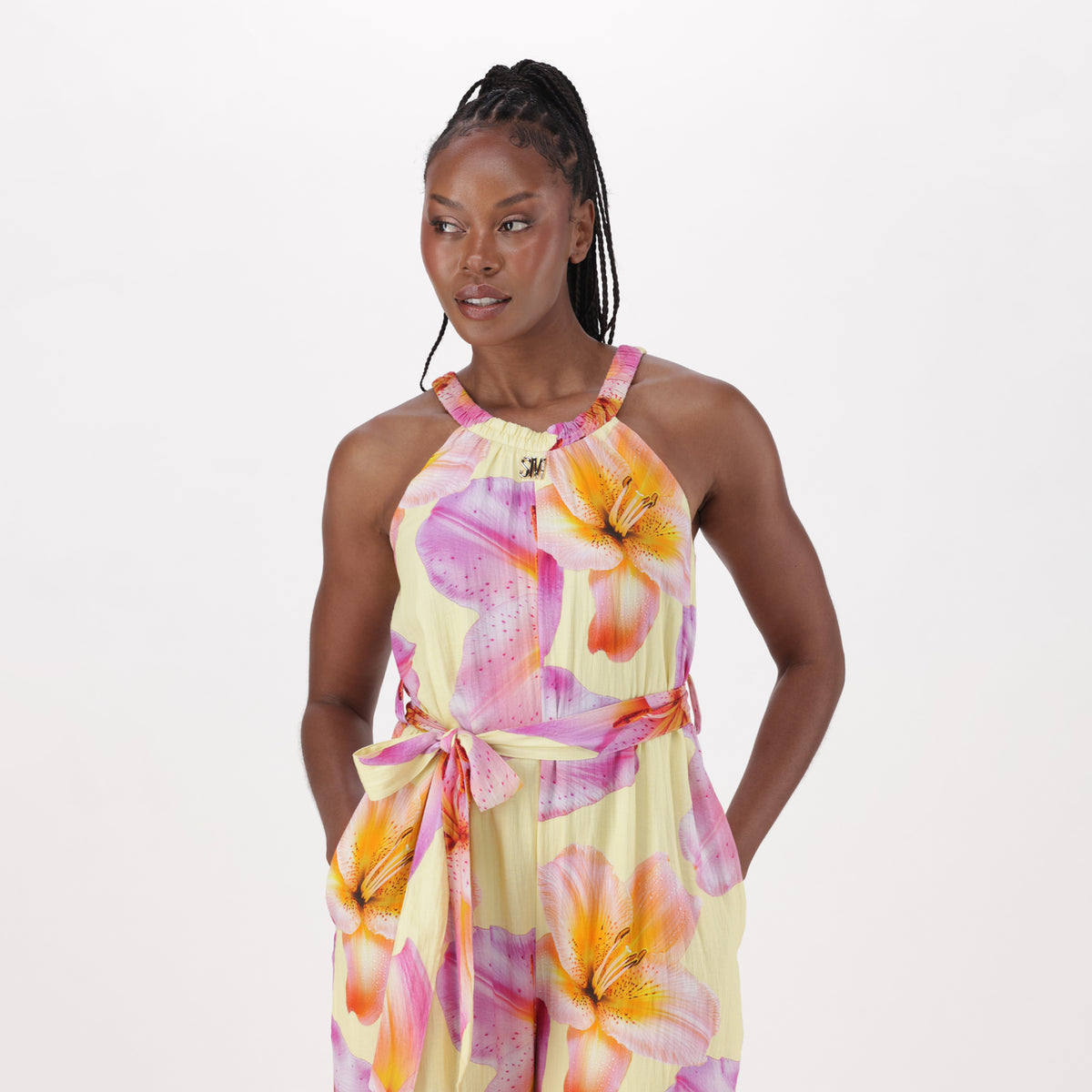 LYDIA MULTI FLORAL PRINTED JUMPSUIT WITH FABRIC BELT - view 4