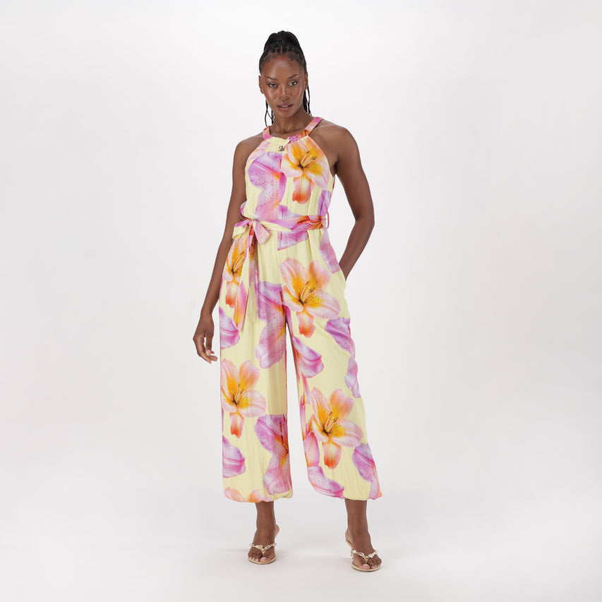 LYDIA MULTI FLORAL PRINTED JUMPSUIT WITH FABRIC BELT