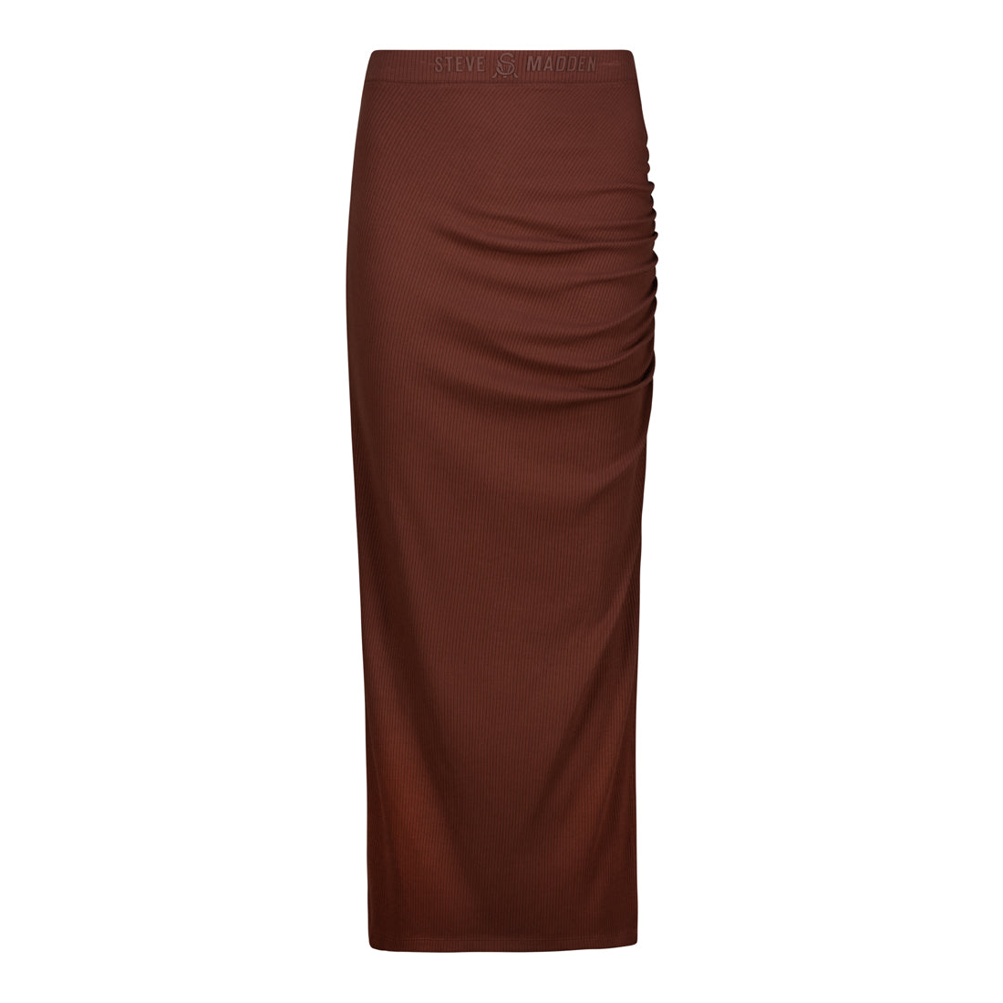 LAYLA BROWN CHOCOLATE HIGH WAISTED RIB BODYCON MIDI SKIRT WITH TWIST