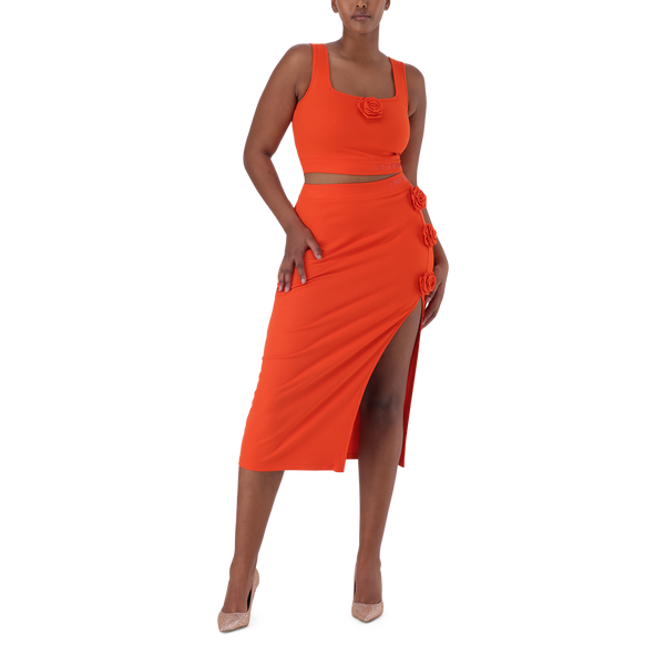 SADIE TANGERINE BODYCON SKIRT WITH ROSE