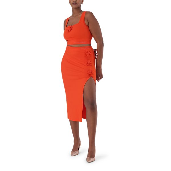 SADIE TANGERINE BODYCON SKIRT WITH ROSE