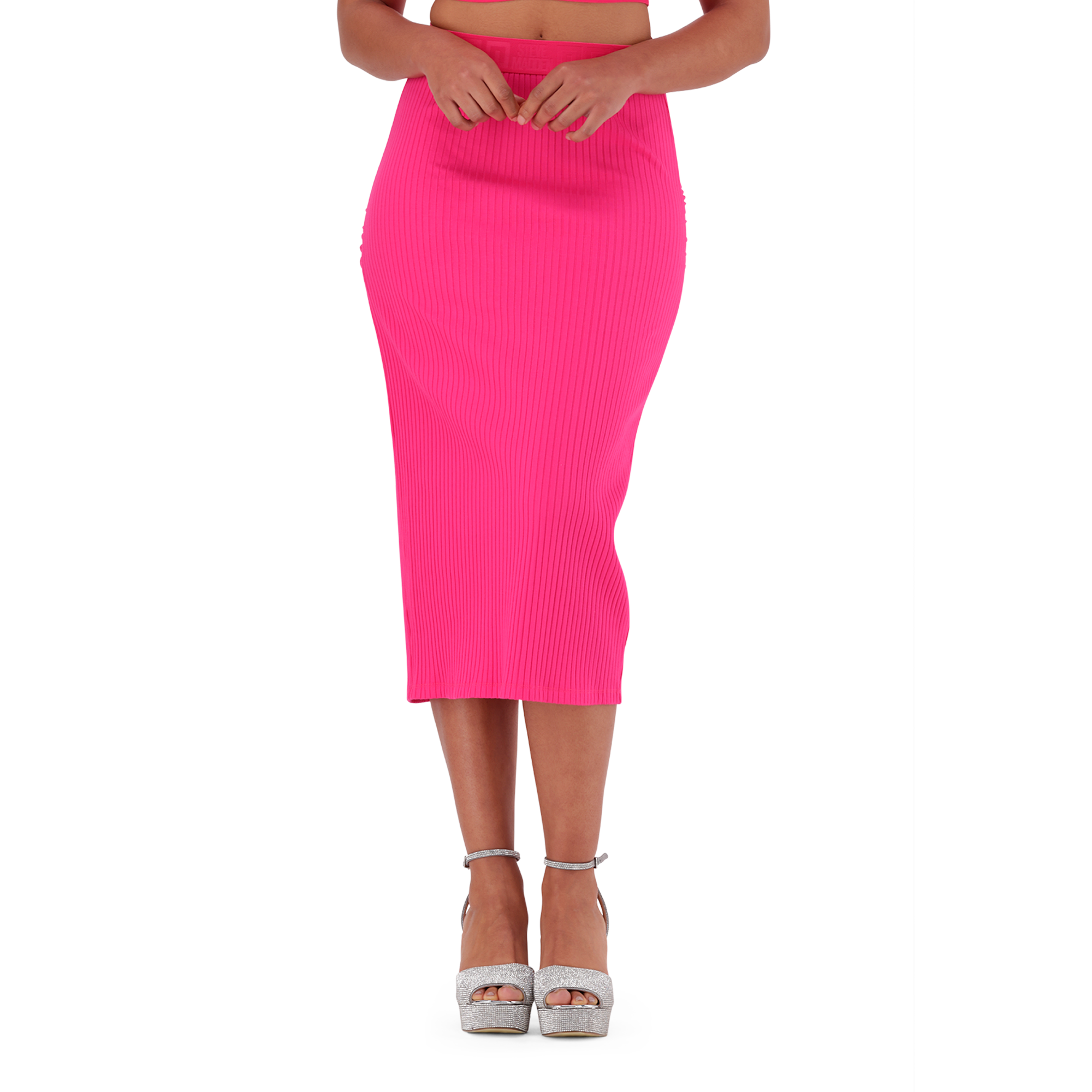MACIE HOT PINK BODYCON MIDI SKIRT WITH GATHERS