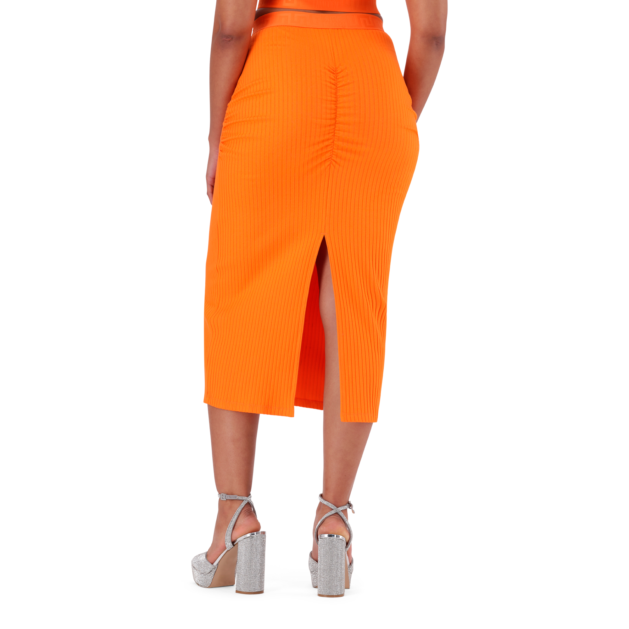 MACIE ORANGE BODYCON MIDI SKIRT WITH GATHERS