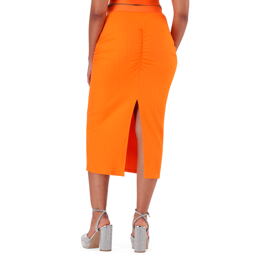 MACIE ORANGE BODYCON MIDI SKIRT WITH GATHERS