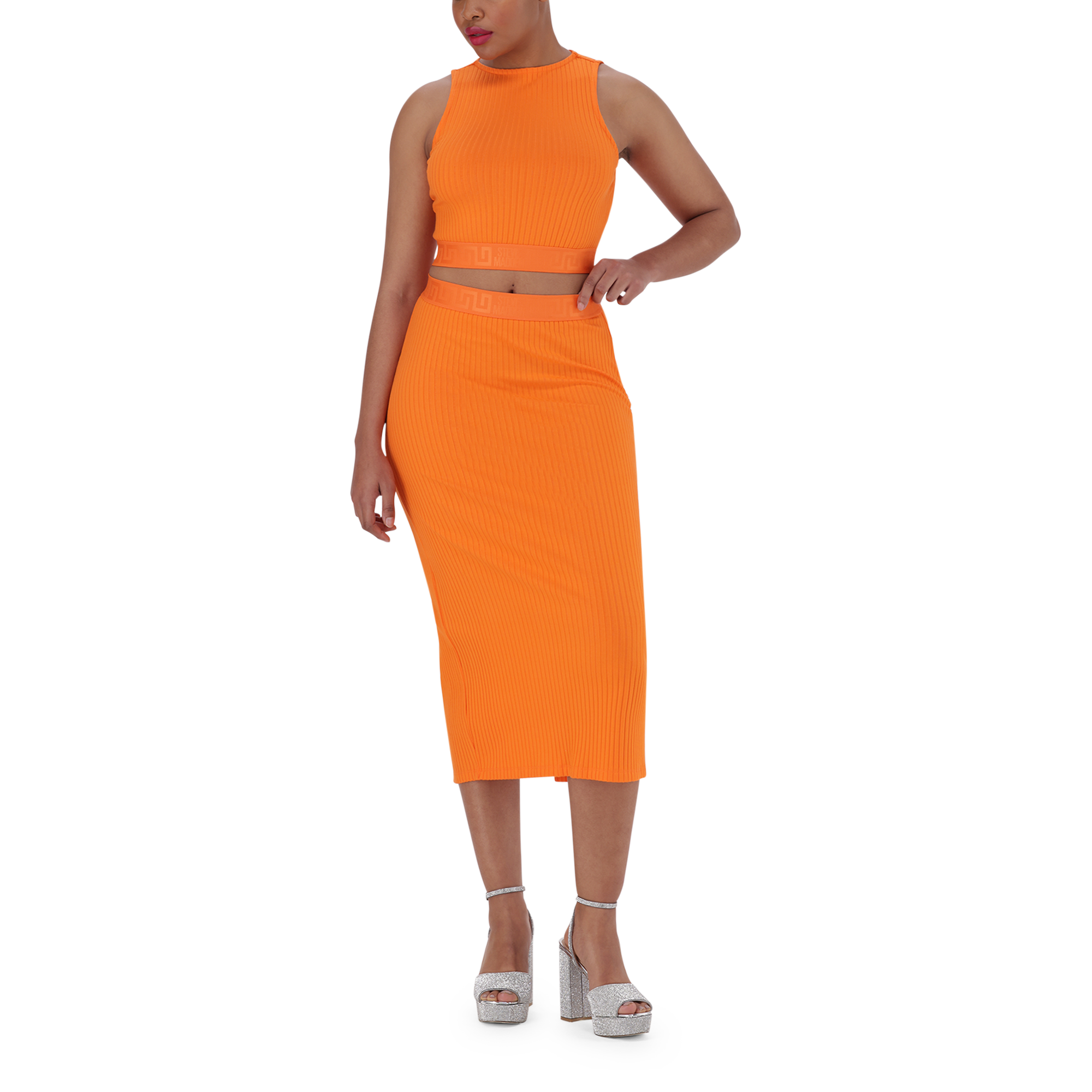 MACIE ORANGE BODYCON MIDI SKIRT WITH GATHERS