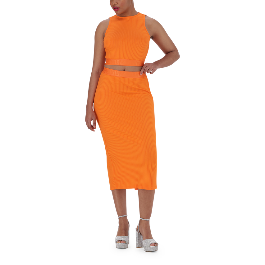 MACIE ORANGE BODYCON MIDI SKIRT WITH GATHERS