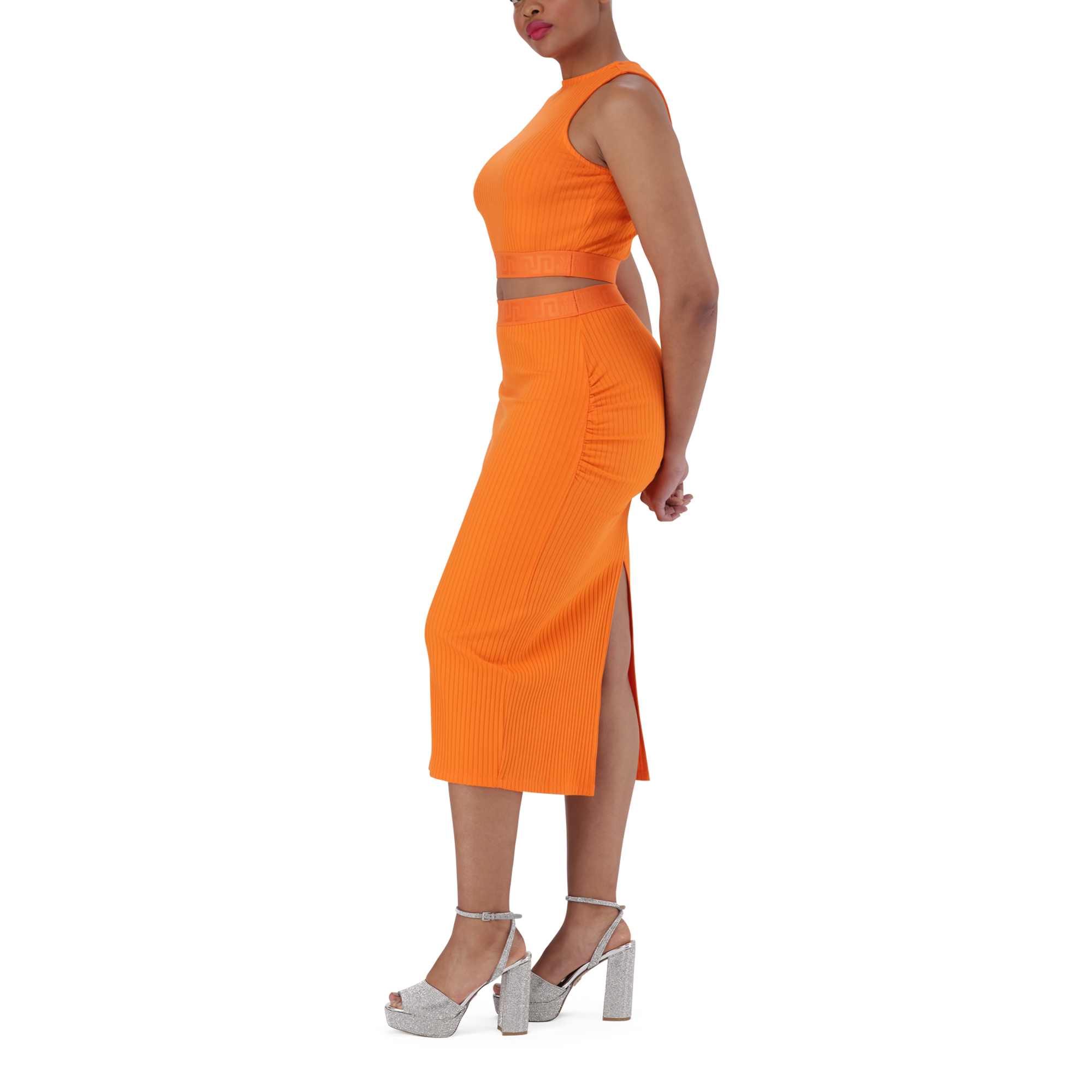 MACIE ORANGE BODYCON MIDI SKIRT WITH GATHERS