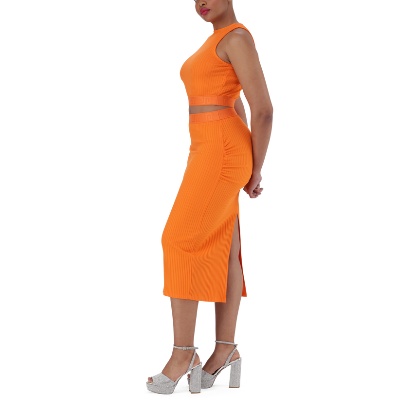 MACIE ORANGE BODYCON MIDI SKIRT WITH GATHERS