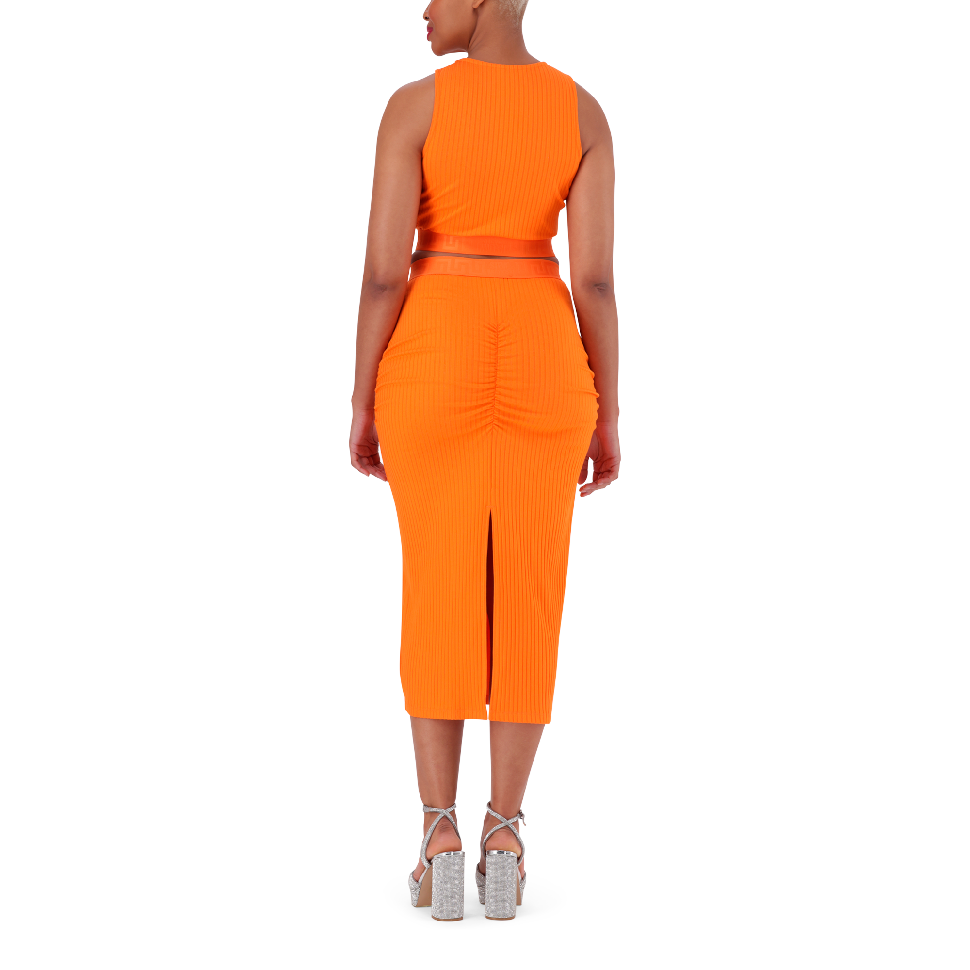 MACIE ORANGE BODYCON MIDI SKIRT WITH GATHERS