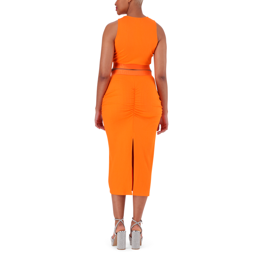 MACIE ORANGE BODYCON MIDI SKIRT WITH GATHERS