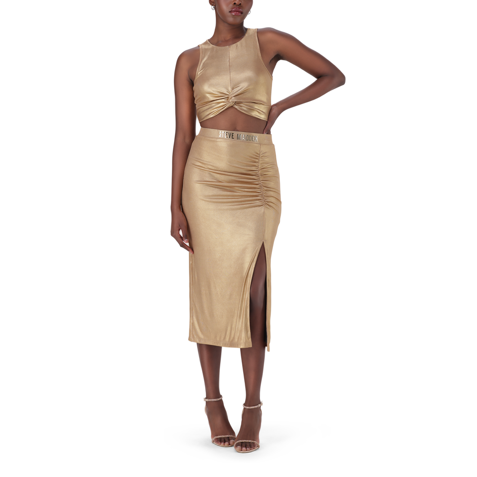 OPAL GOLD METALLIC BODYCON MIDI SKIRT