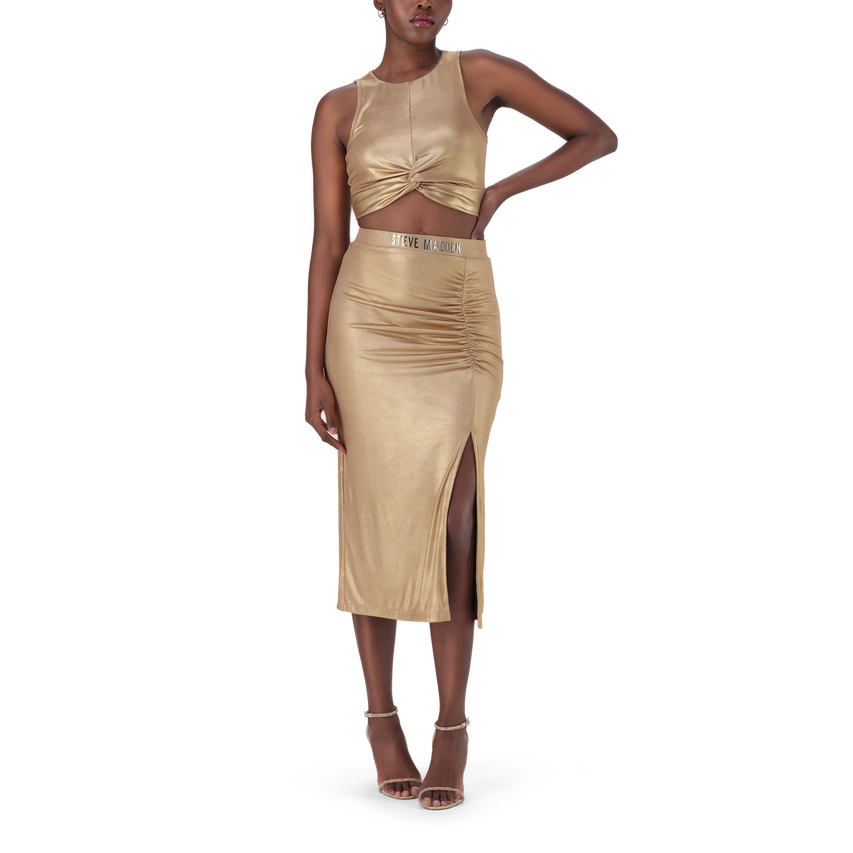OPAL GOLD METALLIC BODYCON MIDI SKIRT