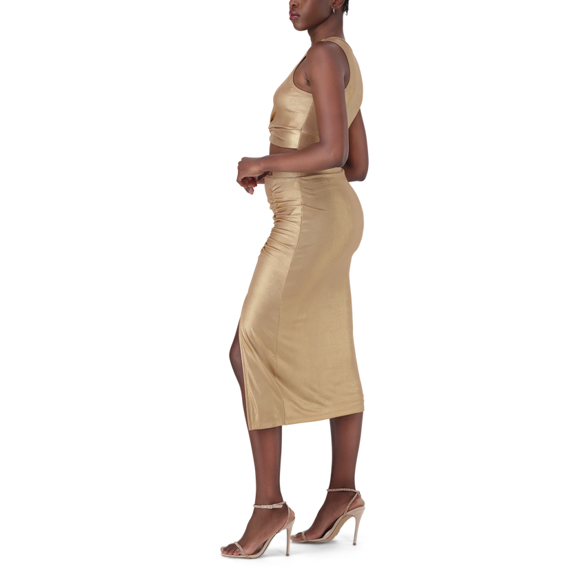 OPAL GOLD METALLIC BODYCON MIDI SKIRT