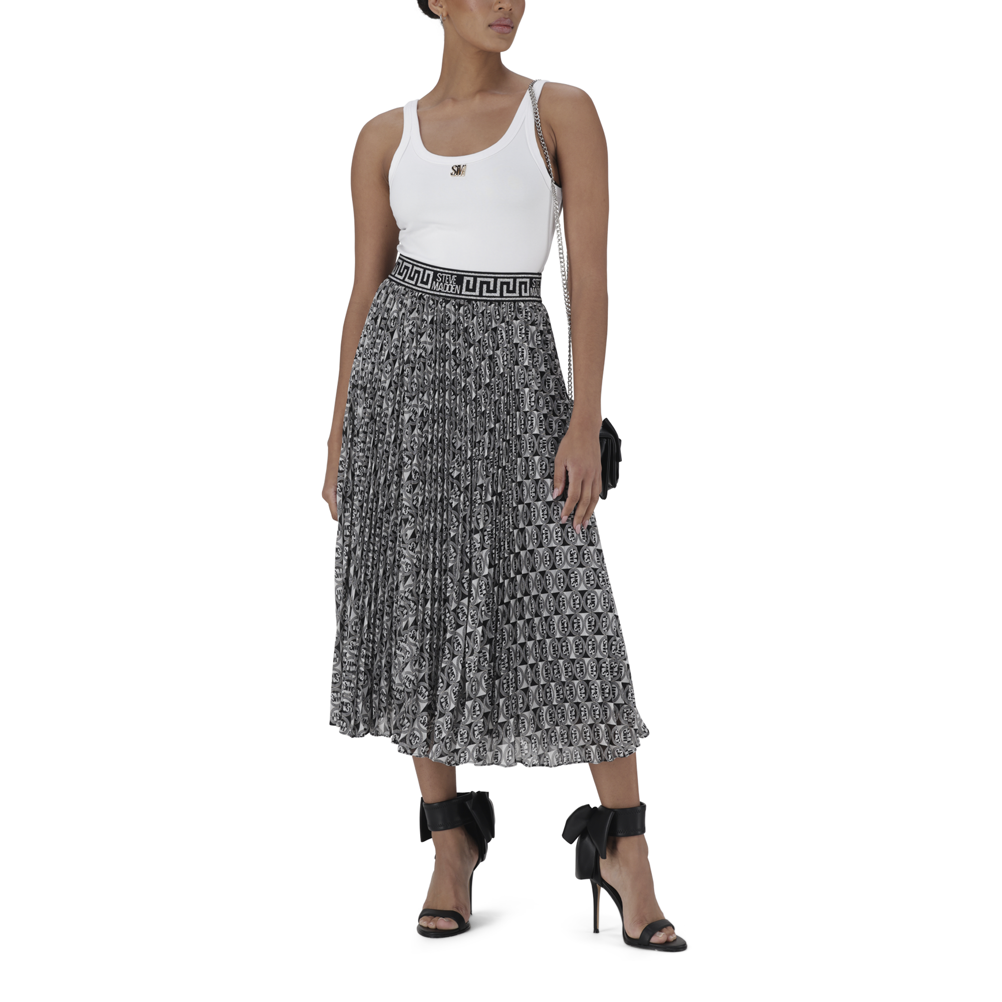 PAIGE BLACK/WHITE PLEATED MIDI SKIRT